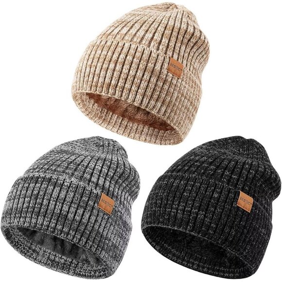 Accessories - Unisex Mix Black Beige Warm Fleece-Lined Knit Beanie Skull Cap for Cold Weather